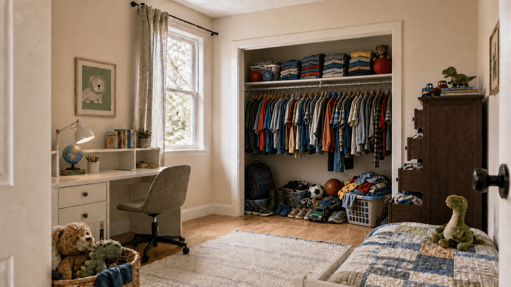 Child’s bedroom before closet organization, with clothing and shoes overflowing a basic reach-in closet and dresser