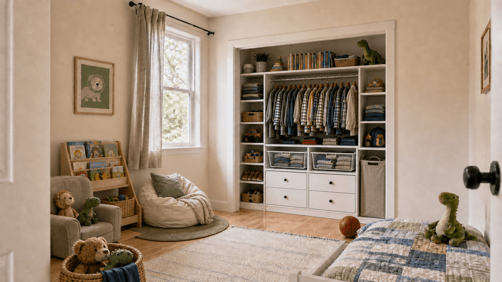 Toddler reach-in closet organized with IKEA drawers, baskets, shelves, hanging space, and a hamper