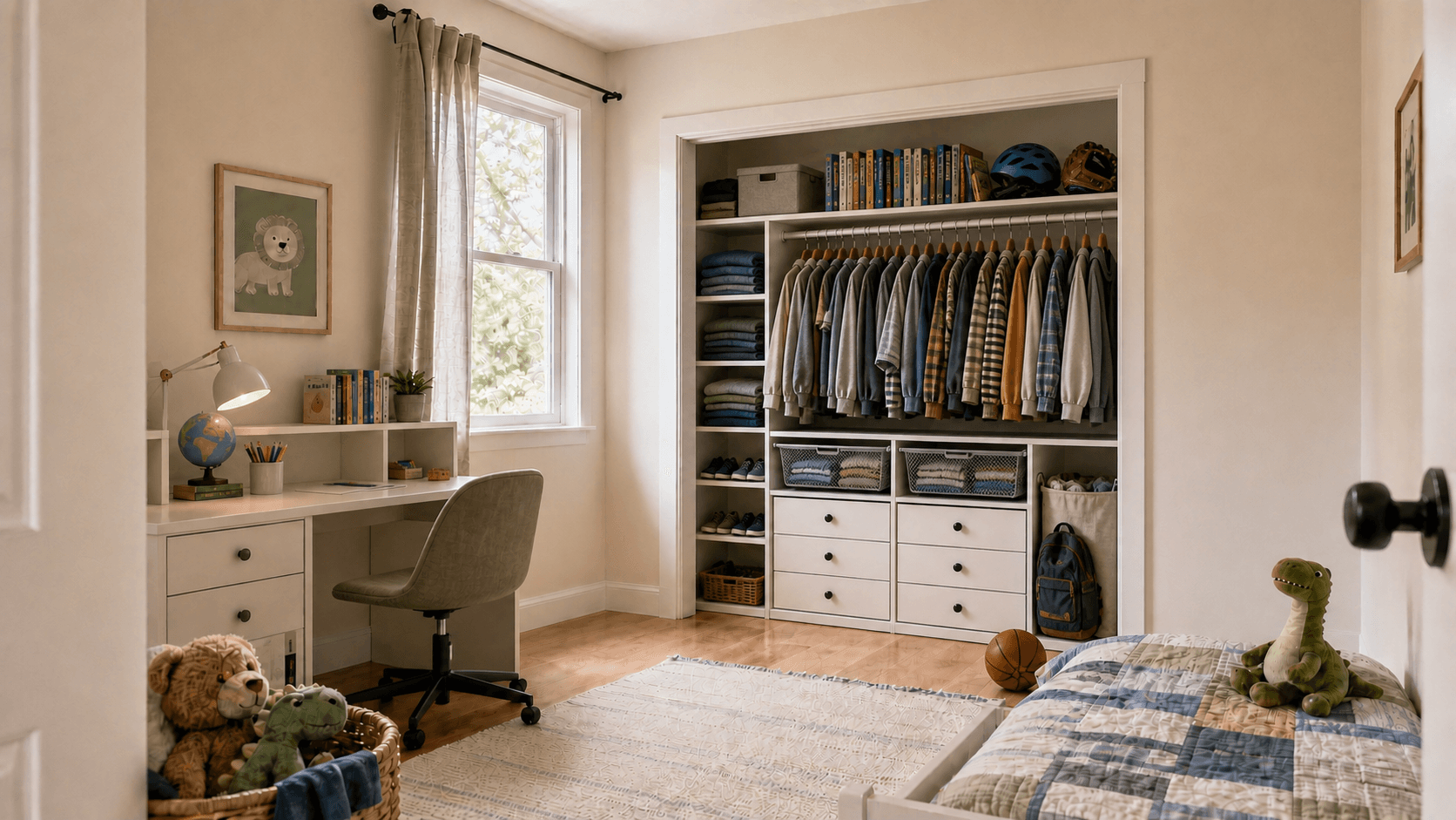 School-age child’s reach-in closet with six drawers and organized clothing, shoes, toys, and school gear