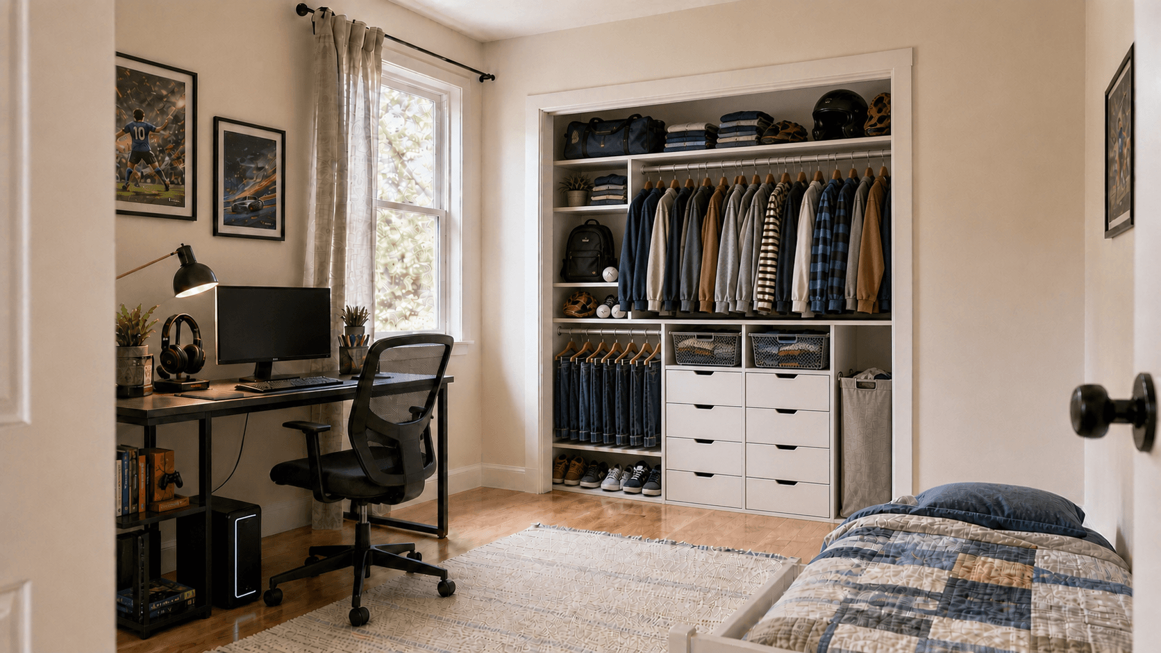 Teen reach-in closet with eight IKEA drawers, double hanging rods, shoes, and sports gear