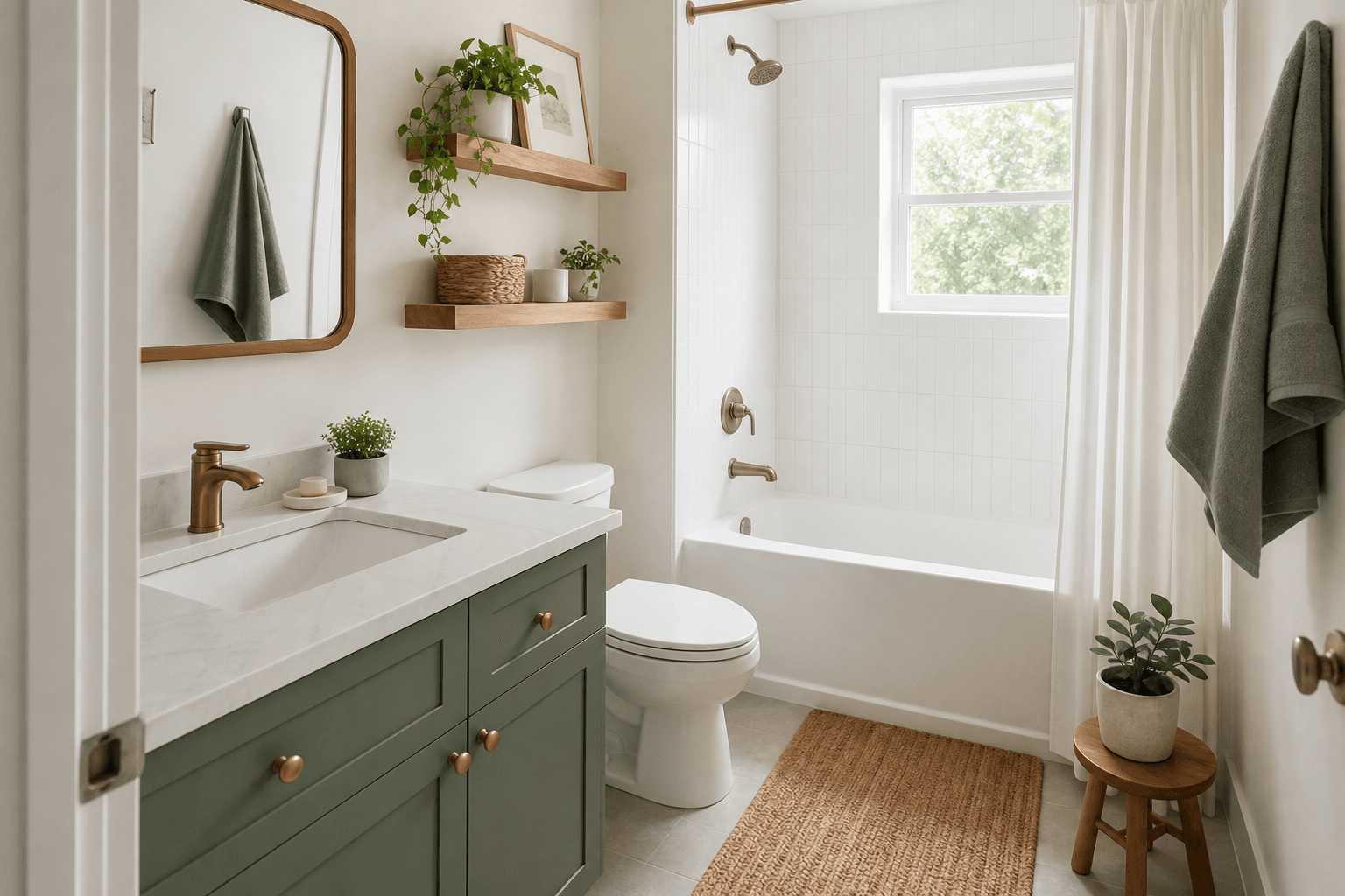 Family bathroom with sage vanity and practical storage