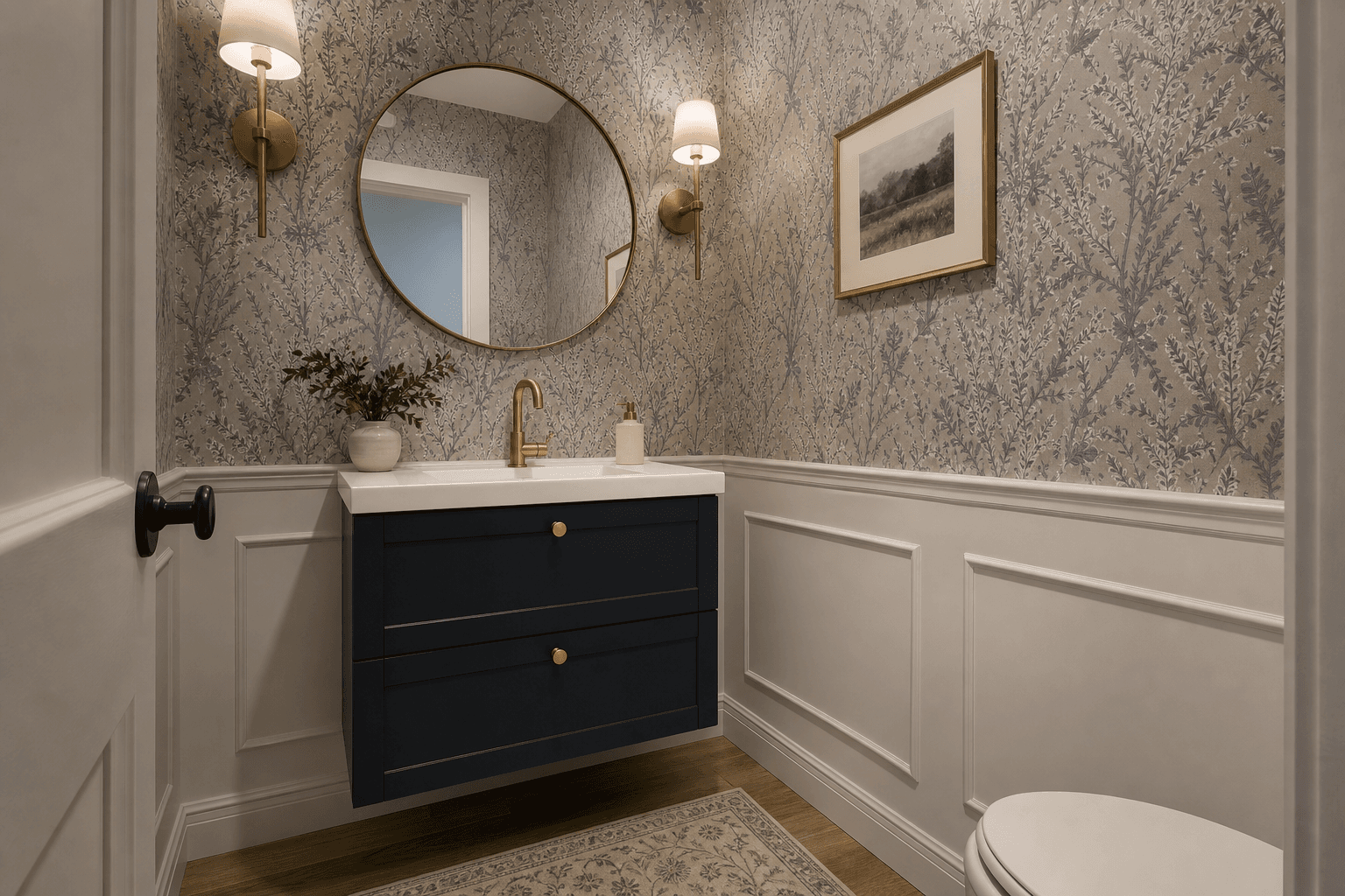Powder room with compact navy floating vanity