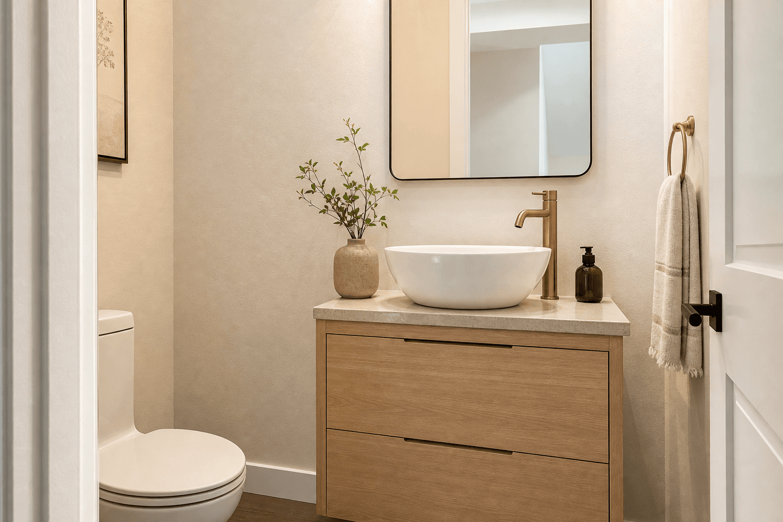 Powder room with light oak vanity and vessel sink