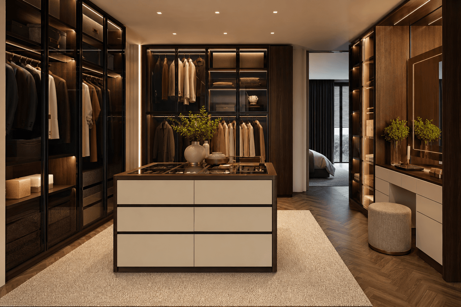 Master boutique-style closet with glass doors and island