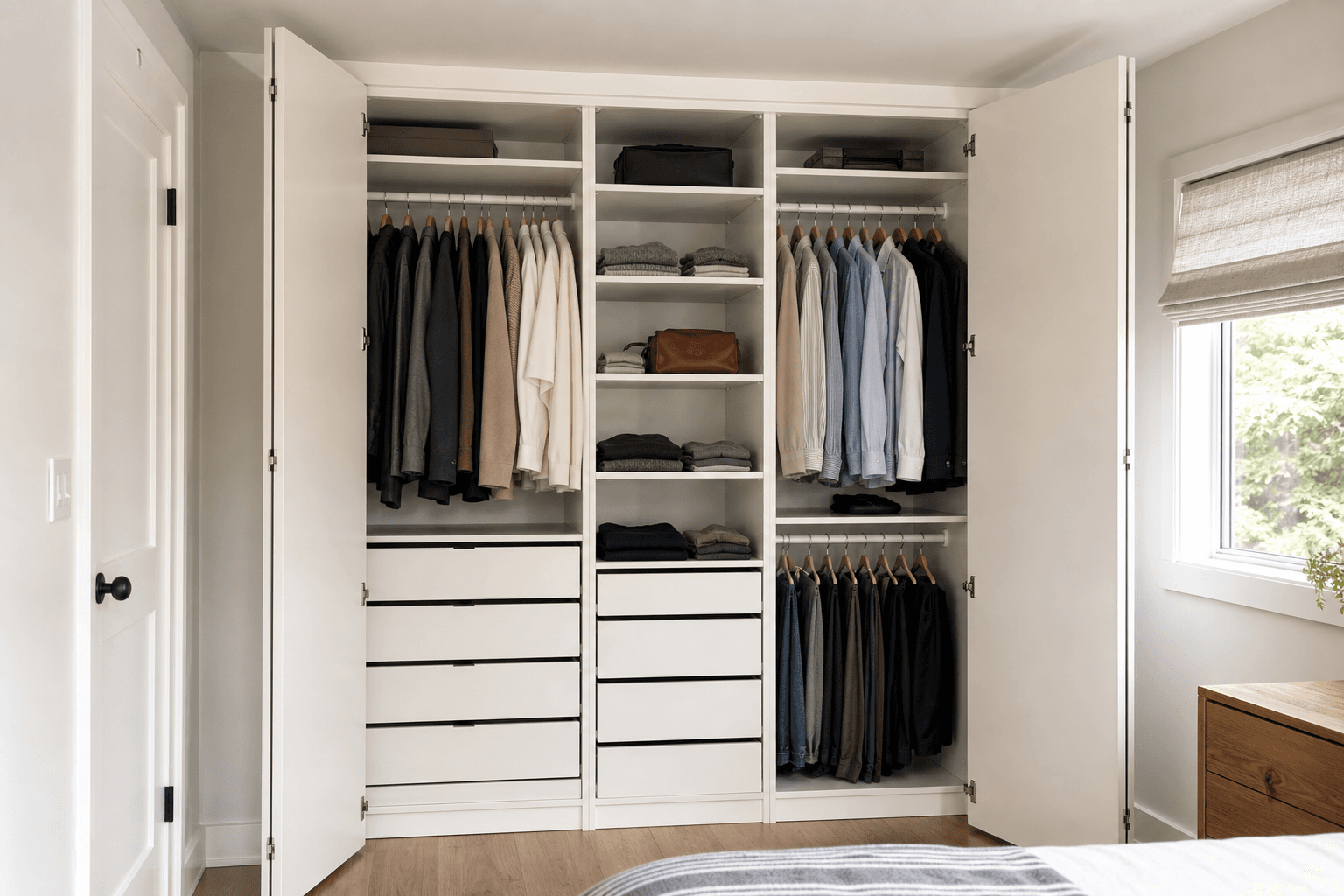 Reach-in closet with modular drawers and hanging storage