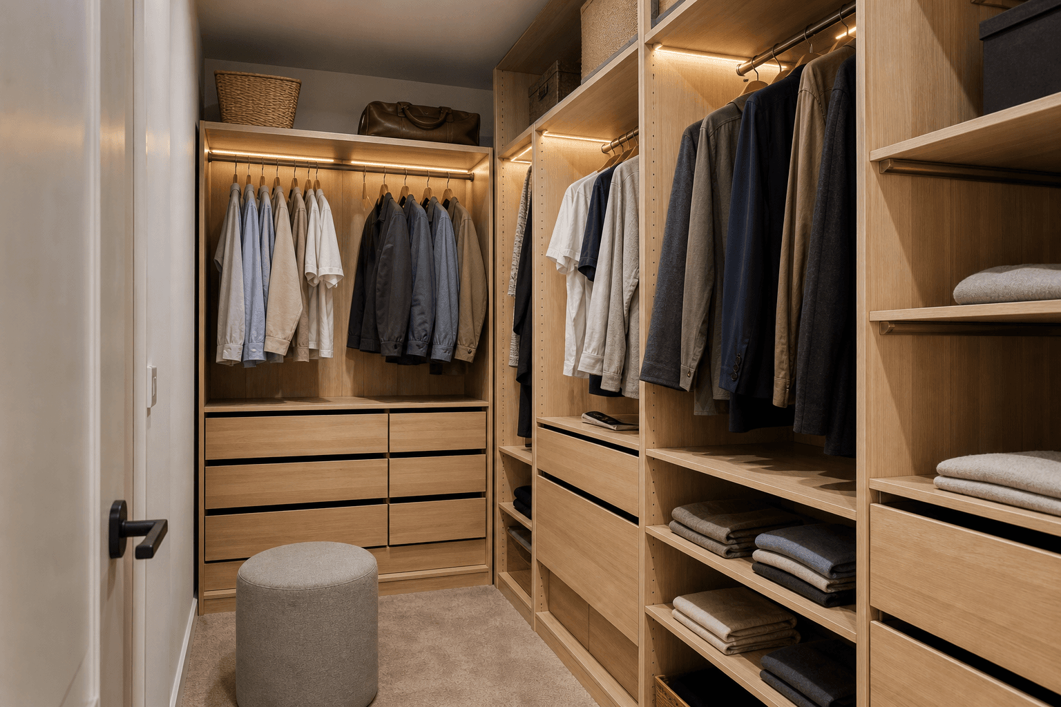 Small walk-in closet with light oak cabinetry