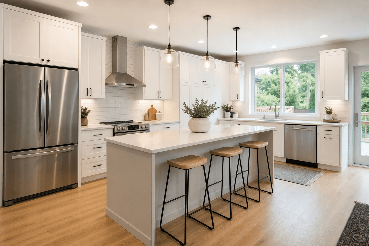Bright white cabinet kitchen with a large island