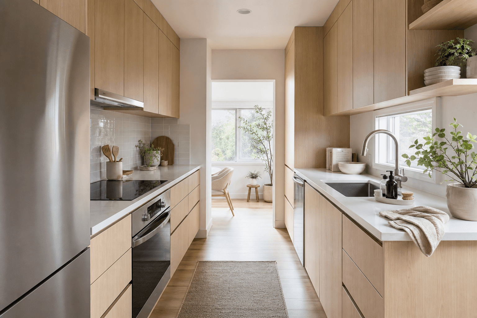 Light oak galley kitchen with integrated storage