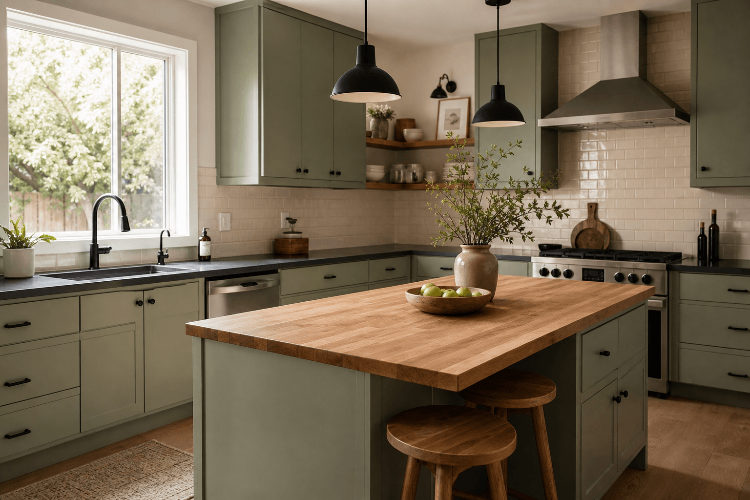 Sage green kitchen with butcher-block island