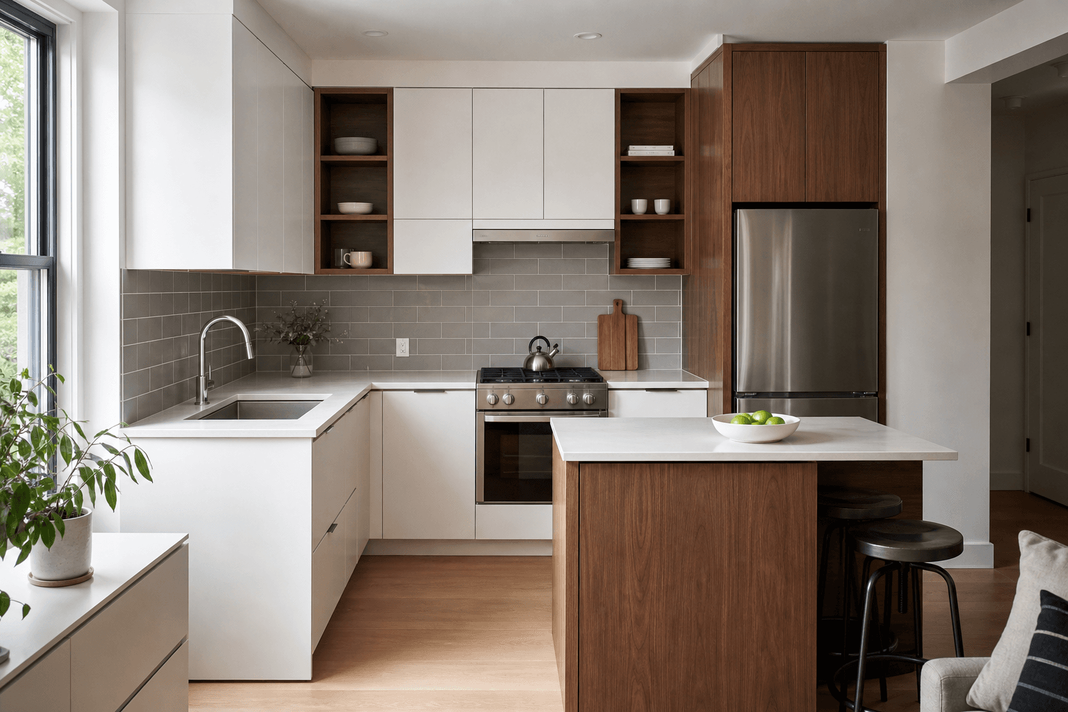 White and walnut compact apartment kitchen