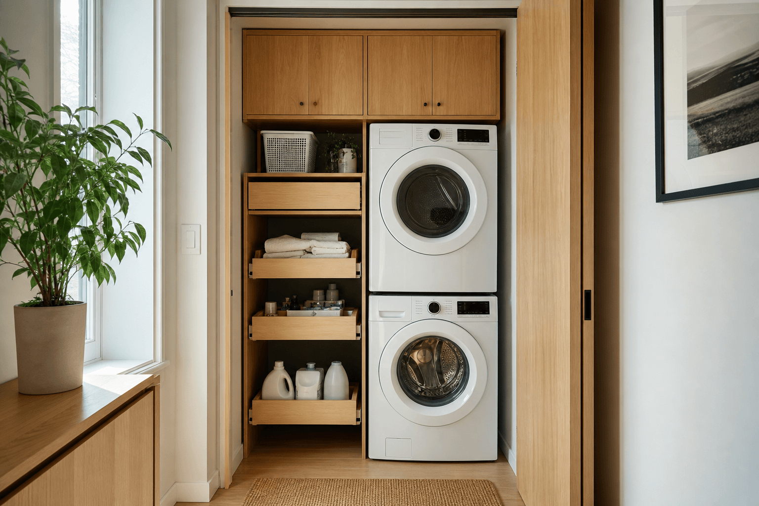 Compact stacked laundry with light oak storage