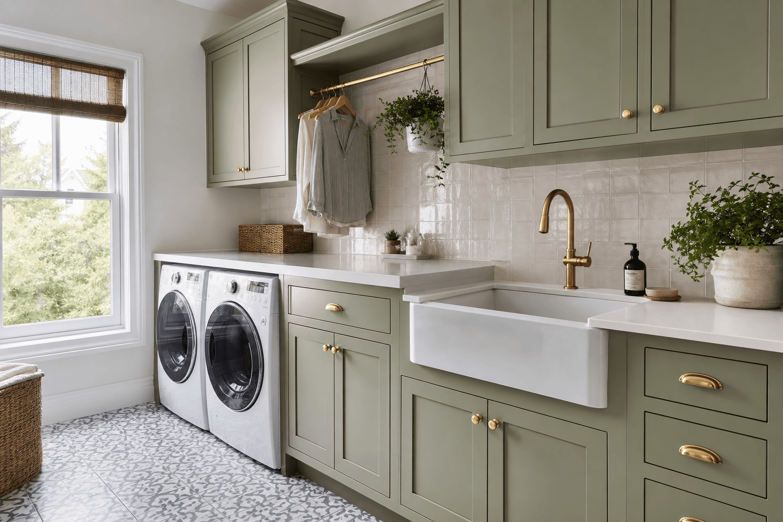 Sage green laundry room with farmhouse utility sink