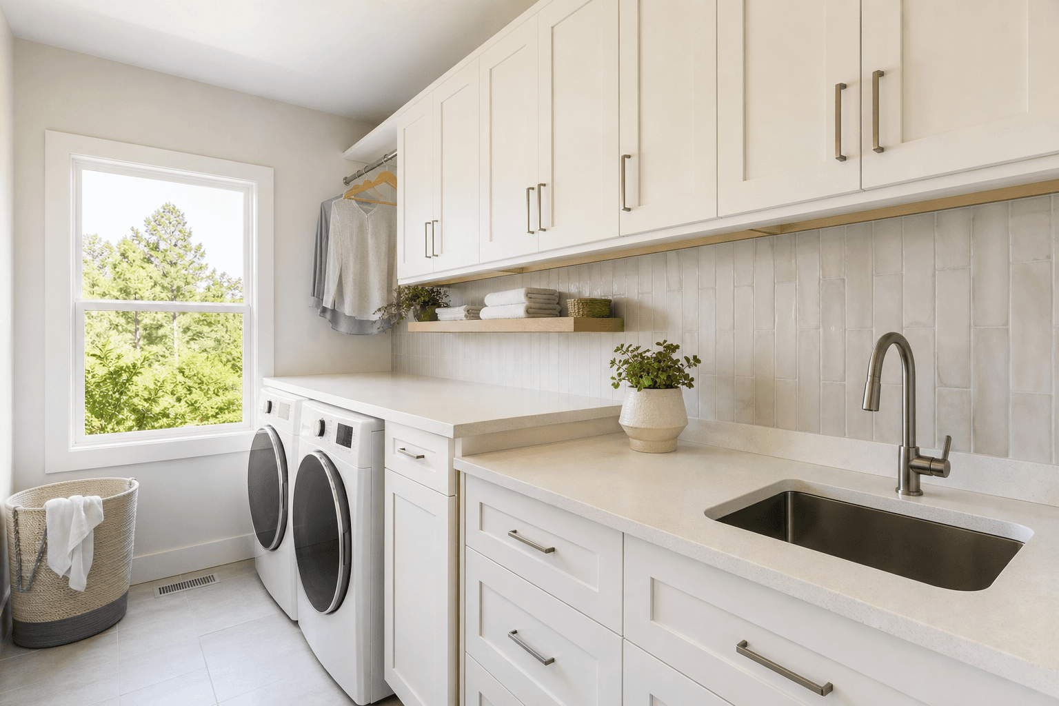 White laundry cabinetry with folding counter and utility sink