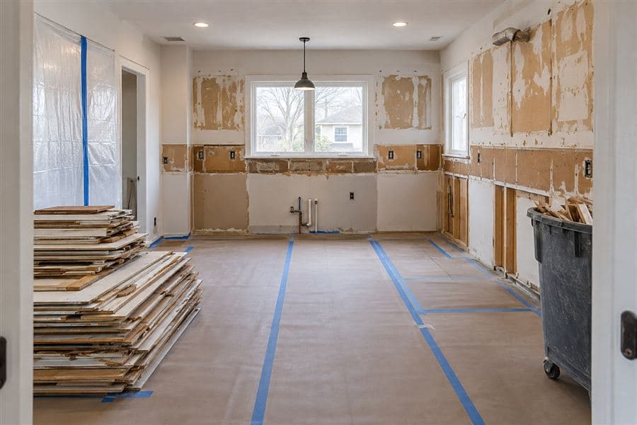Kitchen demolition in progress with cabinets removed